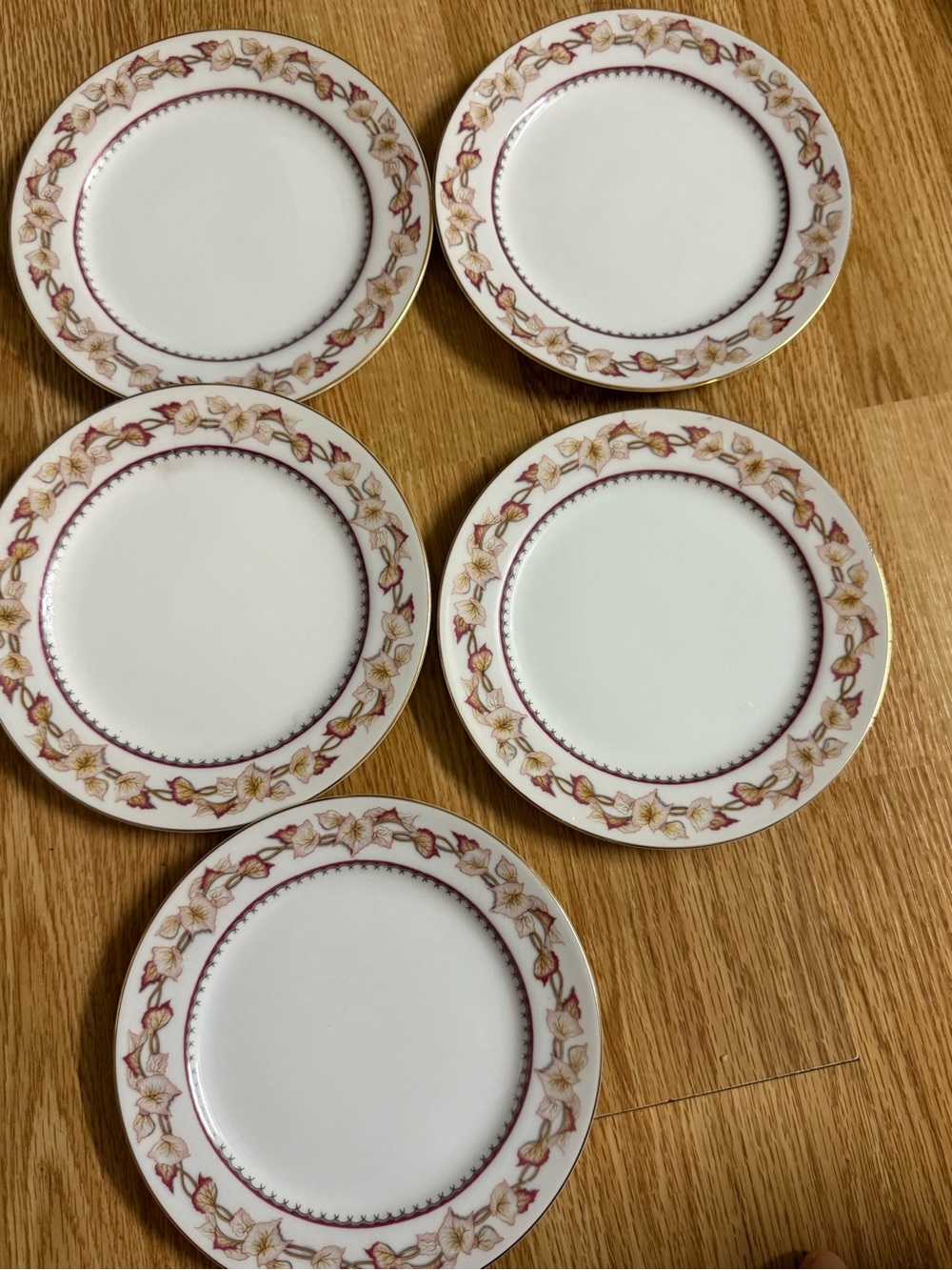 Fine China Dinner Plates in White with Gold and Burgundy Floral Trim